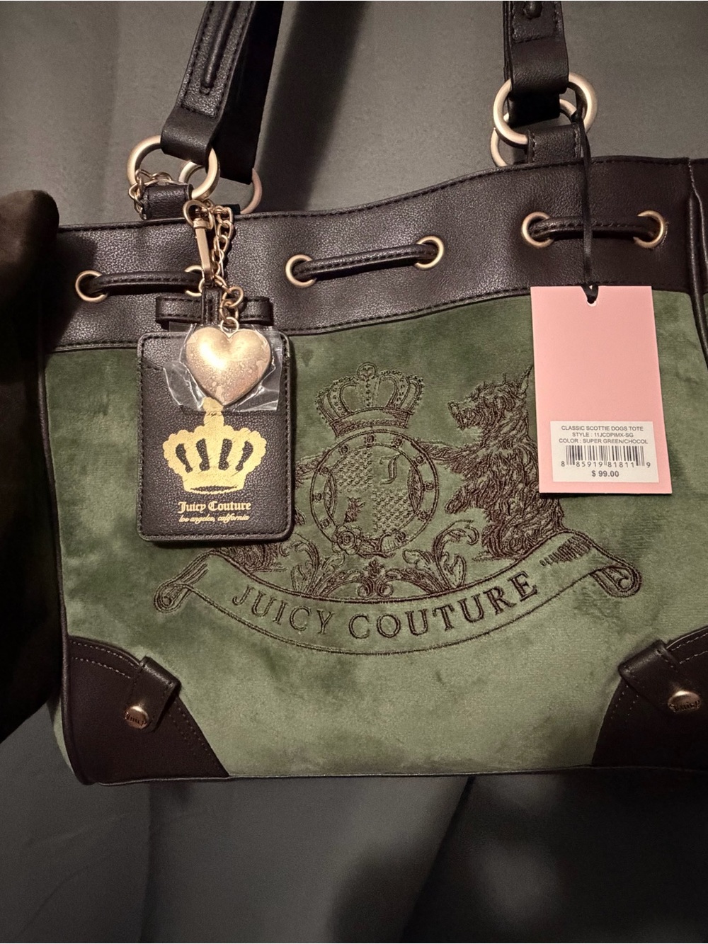 Juicy Couture Green Suede Tote Bag with Brown Trim